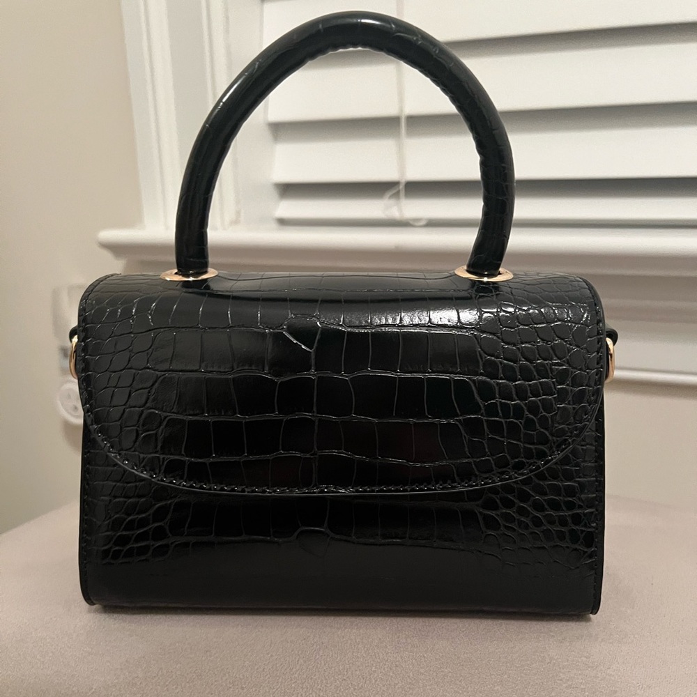 Top handle faux crocodile leather black bag